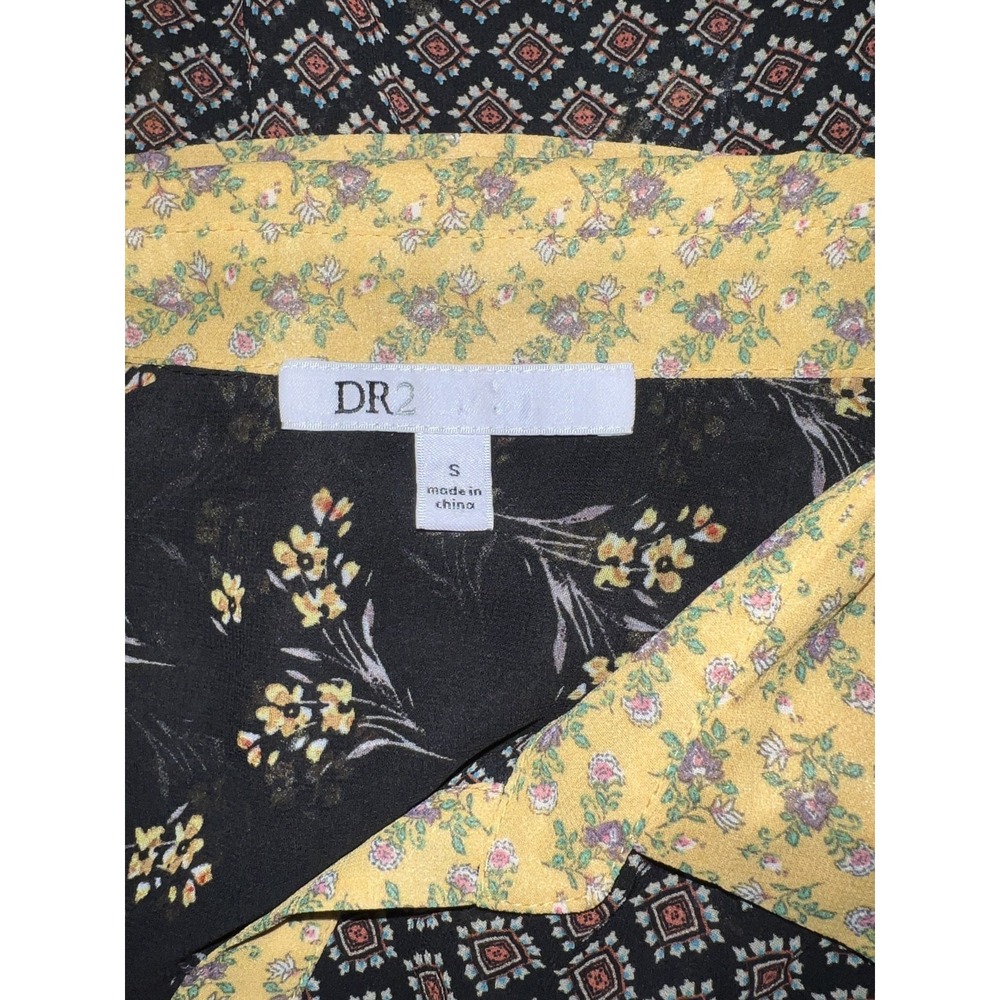 DR2 Womens Small Mixed Print Button Up Blouse Black Yellow Floral Geometric Top - Picture 8 of 10